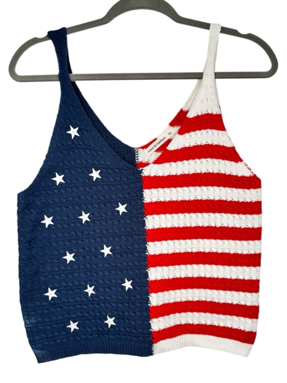 Moon & Madison American Flag Red White & Blue Stars & Stripes Knit Tank Crochet